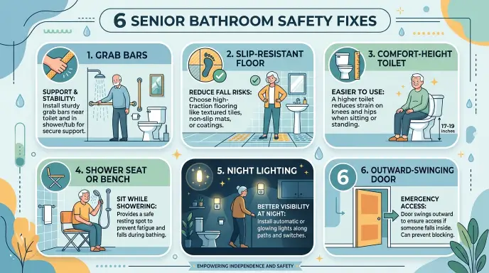 Infographic listing six senior bathroom safety fixes: grab bars, slip-resistant floor, comfort-height toilet, shower seat, night lighting, outward-swinging door