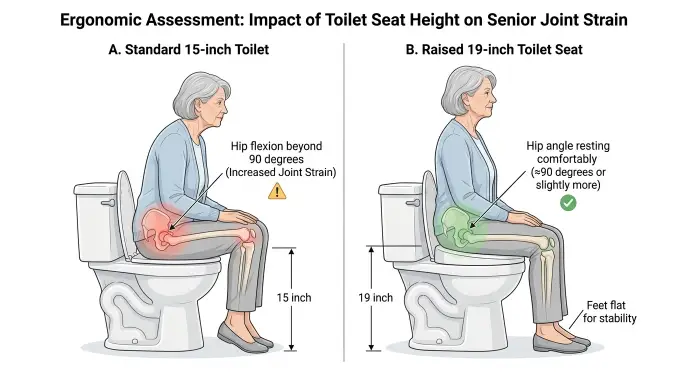 Biomechanical diagram illustrating the 90-degree hip flexion rule on a raised toilet seat versus a standard low toilet bowl for seniors.