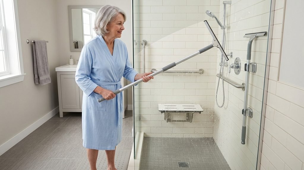 Long-handled squeegee mounted inside a shower for seniors to clear water without bending