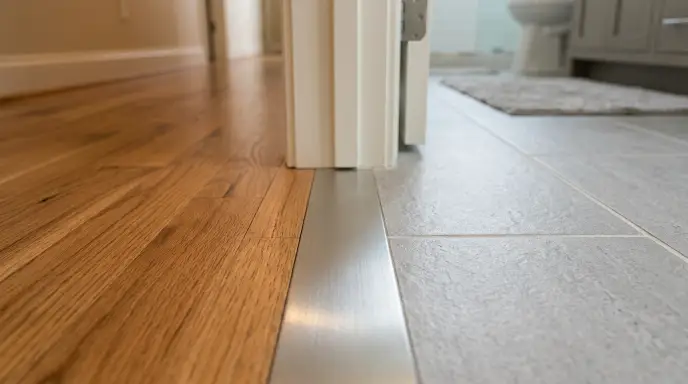 Beveled ADA-compliant flush transition strip connecting hallway wood floor to non-slip bathroom vinyl flooring to prevent trip hazards