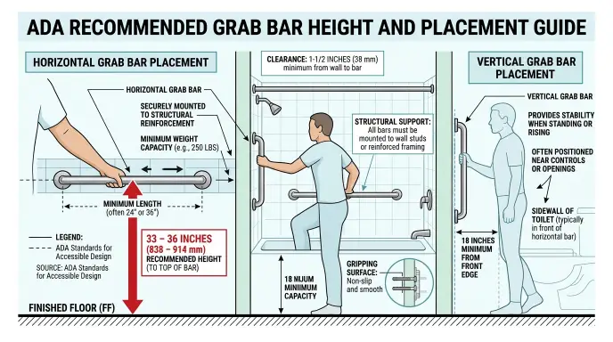 ADA grab bar height 33 to 36 inches for senior bathroom safety