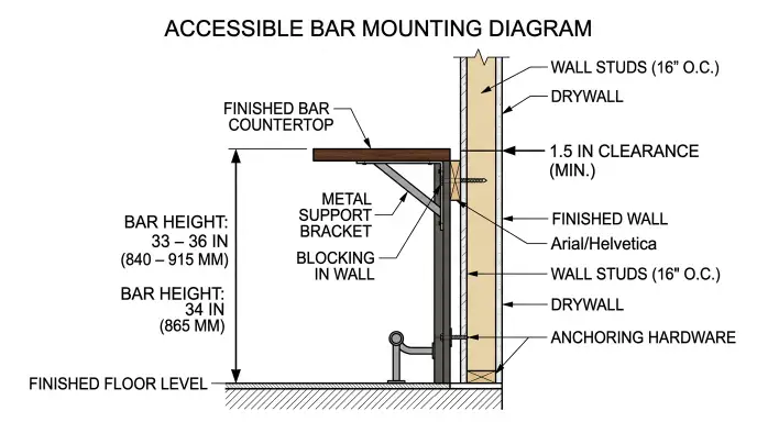 Diagram showing ADA standard 33 to 36 inch grab bar mounting height from the finished floor