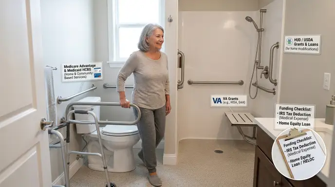 Funding sources for aging-in-place bathroom remodel: Medicare Advantage, Medicaid HCBS, VA grants, HUD, USDA, IRS deduction, home equity