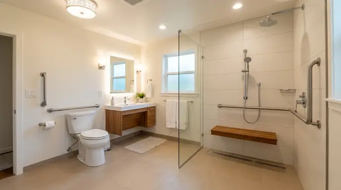 Aging-in-place bathroom with curbless shower, grab bars, comfort-height toilet, and layered lighting