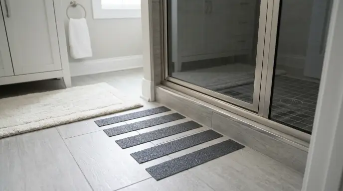 Anti-slip adhesive strips placed at shower exit on bathroom floor