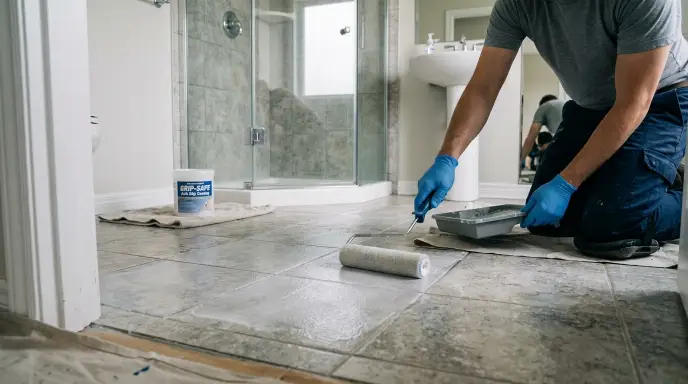 Anti-slip coating being applied to existing bathroom tile to improve wet grip
