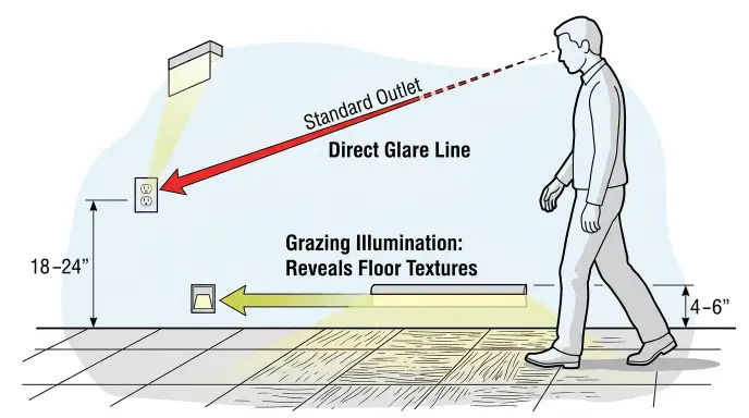 Diagram illustrating proper 4 to 6 inch night light mounting height to prevent direct eye glare in aging adults.