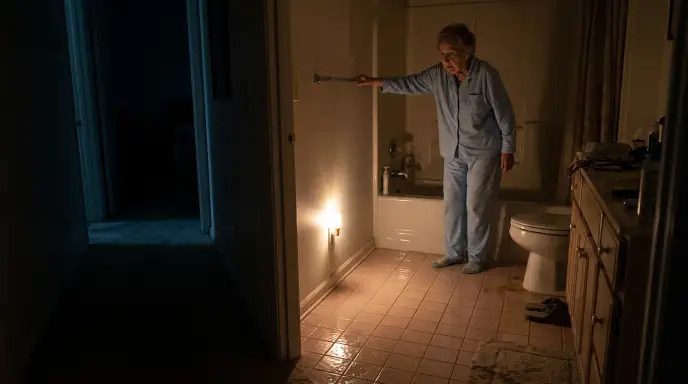 Bathroom fall risks: holding towel bar for balance, high tub threshold, glossy wet tile, no grab bar, dark nighttime path