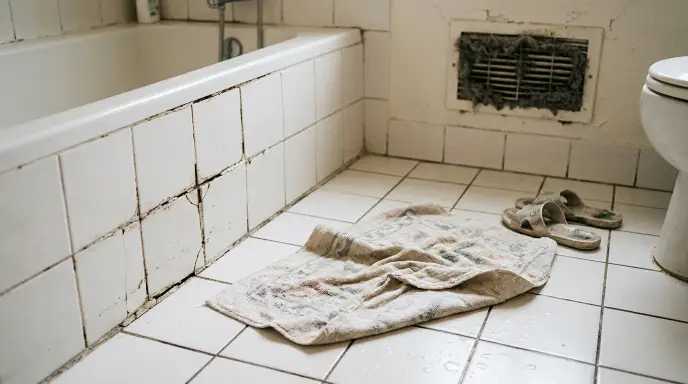 Common bathroom safety mistakes including cracked grout, clogged exhaust fan, and slippery rug