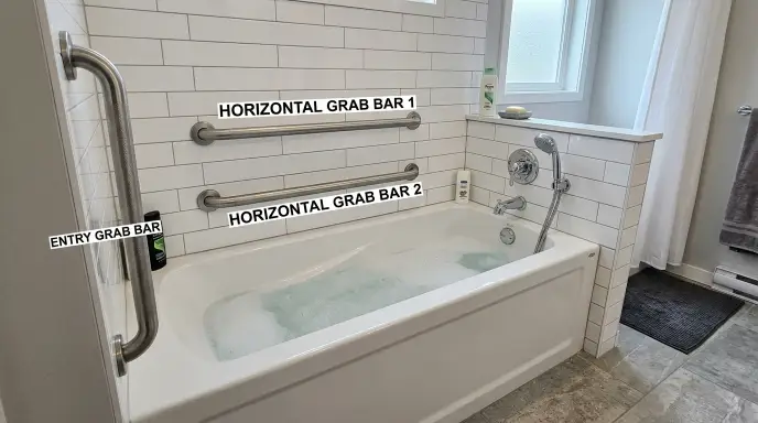 Recommended placement layout for vertical entry bar and horizontal back wall grab bars in a bathtub