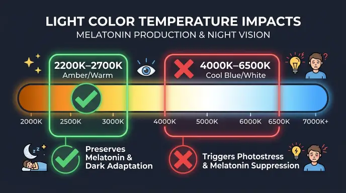 Color temperature chart comparing 2200K amber night light against 5000K blue-white light for senior sleep safety.