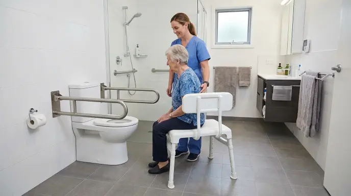 Bathroom designed for caregiver-assisted bathing with transfer bench, fold-down grab bars on both sides of toilet, and extra clearance