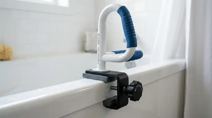 Heavy-duty clamp-on bathtub grab rail securely mounted to a tub rim to provide standing leverage for seniors