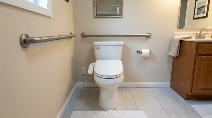 Comfort-height 17-19 inch toilet with grab bars mounted 33-36 inches high and 16-18 inch centerline clearance