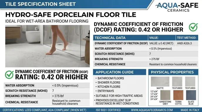 Tile spec sheet showing DCOF rating of 0.42 or higher for wet-area bathroom flooring
