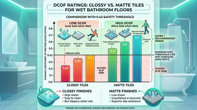 Chart comparing DCOF ratings of glossy vs matte tiles for wet bathroom floors, with 0.42 threshold