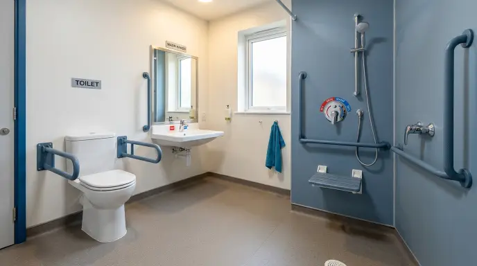 Dementia-friendly bathroom with consistent low-pattern flooring, color contrast, single-lever faucet, and thermostatic mixing valve