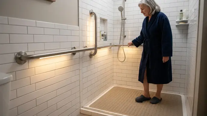 Elderly bathroom fall prevention setup with grab bars, lighting, and non-slip floor
