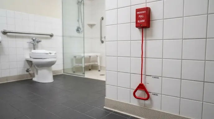Waterproof emergency pull cord mounted 6-12 inches above floor in senior bathroom