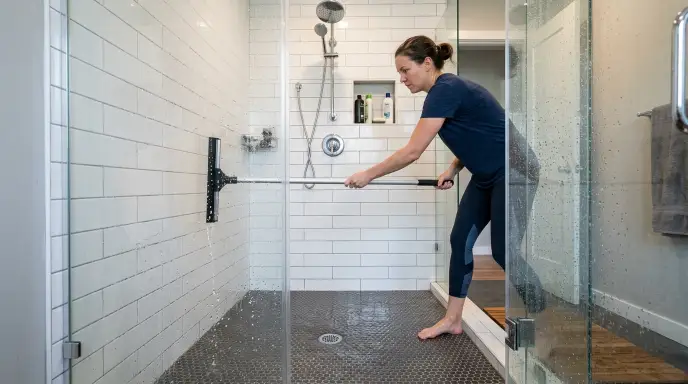 Extended handle squeegee clearing water from shower walls and tile floor after a shower
