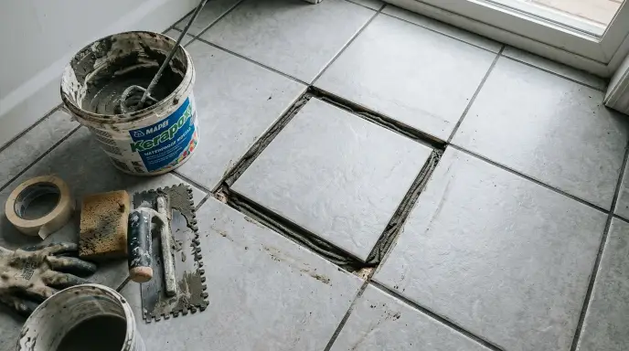 Leveling and regrouting an uneven low-lying bathroom tile using waterproof repair mortar to eliminate water puddles.