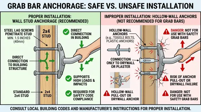 Diagram showing proper grab bar anchorage into wall studs versus hollow-wall anchors