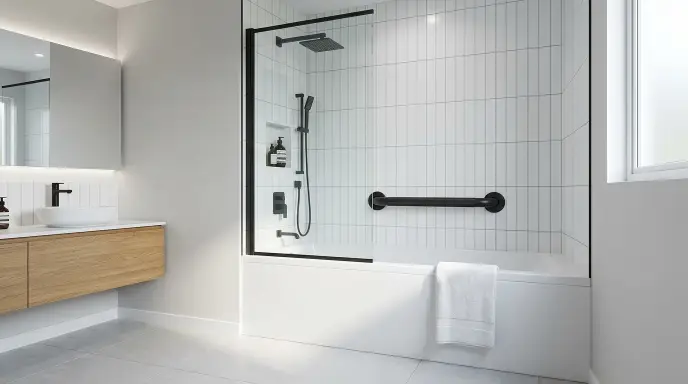 Stainless steel textured grab bar securely mounted on a tiled bathroom wall for senior fall prevention