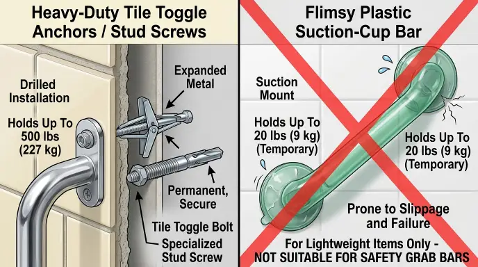 Heavy-duty wall anchors and stud screws for secure grab bar installation on bathroom tile.