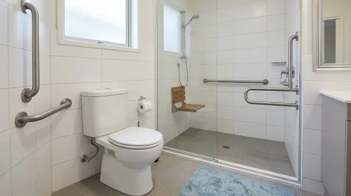 Grab bars installed near toilet and shower for elderly bathroom safety