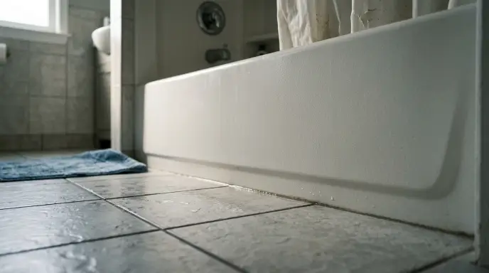 Standard high-step bathtub rim showing the vertical hurdle and height barrier for older adults entering a bath