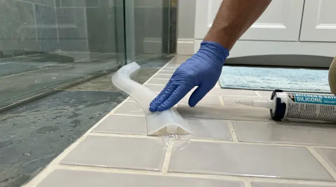 Installing a flexible silicone water guard threshold on a bathroom floor to stop shower water overflow.