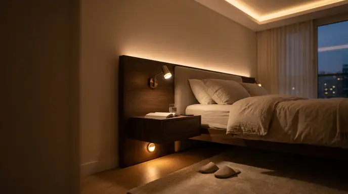 Layered bathroom lighting with ambient, task, and motion-sensor night lights to reduce glare and shadows