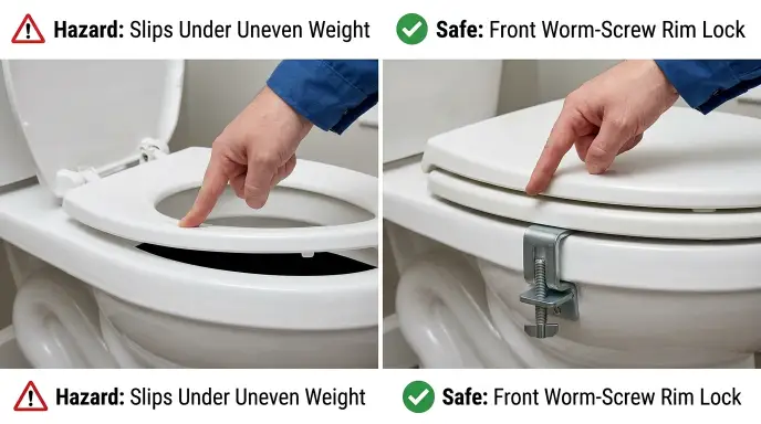 Comparison of an unstable non-locking slip-on raised toilet seat tilting off the rim versus a secure front-clamping locking mechanism.