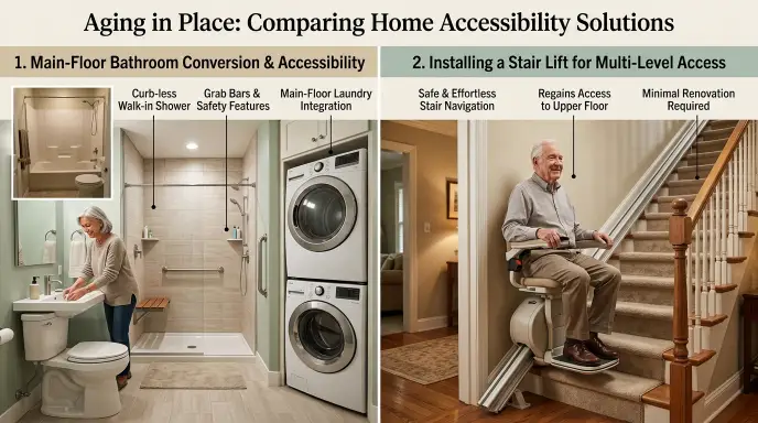 Main-floor bathroom carved from closet near existing plumbing stack for aging-in-place accessibility