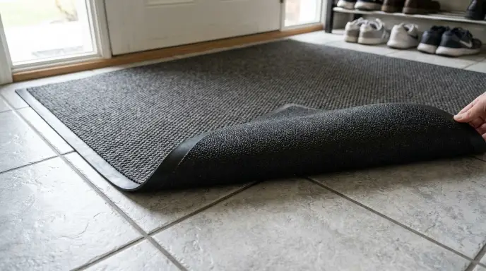 Non-slip bathroom mat with rubber backing on tile floor for elderly fall prevention