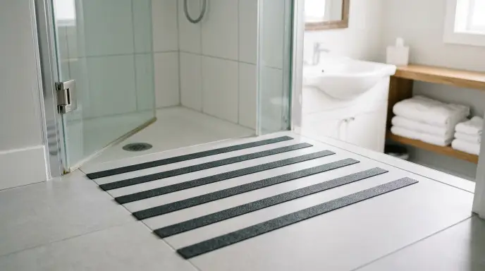 textured adhesive non-slip floor treads as a safe bath rug alternative for elderly