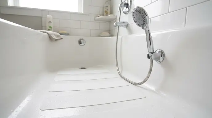 Textured anti-slip bathtub floor treads combined with an accessible handheld showerhead positioned for seated bathing