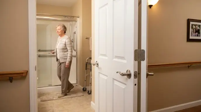 Diagram showing minimum 32-inch doorway clearance and swing-clear hinges for senior bathroom safety