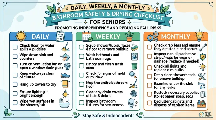Printable daily, weekly, and monthly bathroom drying and safety checklist for seniors
