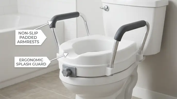 A 2-in-1 raised toilet seat with integrated padded safety armrests bolted to an elongated toilet for senior fall prevention.
