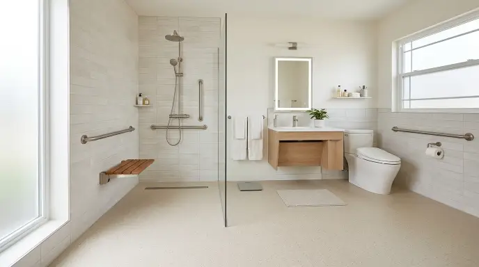 Senior-safe bathroom featuring slip-resistant matte sheet vinyl flooring, flush threshold entry, and mounted grab bars