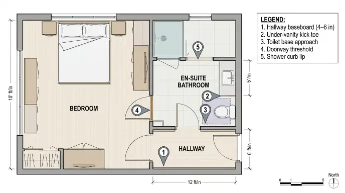 Floor plan diagram showing the 5 best night light placement spots to prevent elderly midnight falls.