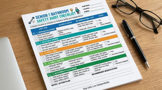 Preview of printable senior bathroom safety audit checklist with zones, hazards, and fixes