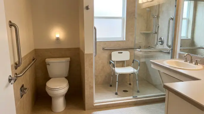 Safety-modified senior bathroom with grab bars, shower chair, comfort-height toilet, and motion-sensor night light