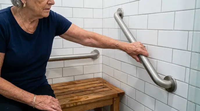 Proper positioning of a horizontal grab bar mounted 6 to 9 inches above a senior shower bench.