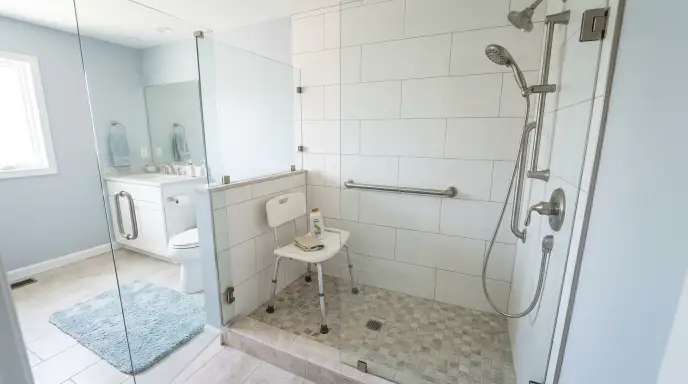 Low-curb shower conversion with shower chair and handheld sprayer for senior safety
