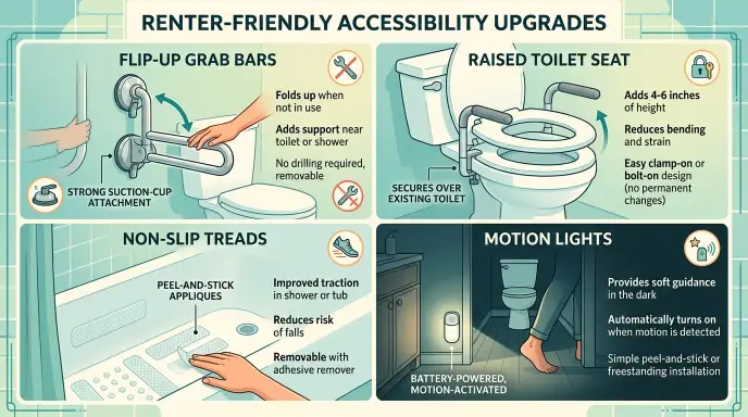 Small bathroom aging-in-place upgrades: flip-up grab bars, raised toilet seat, non-slip treads, motion lights