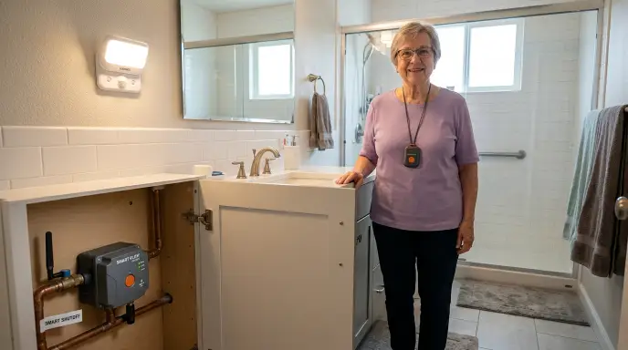 Smart bathroom safety technology: waterproof medical alert pendant, motion-sensor lighting, fall detection, smart water shutoff