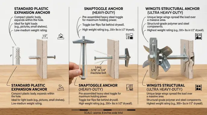 Heavy-duty SnapToggle and WingIts hollow wall anchors rated for dynamic grab bar weight capacity
