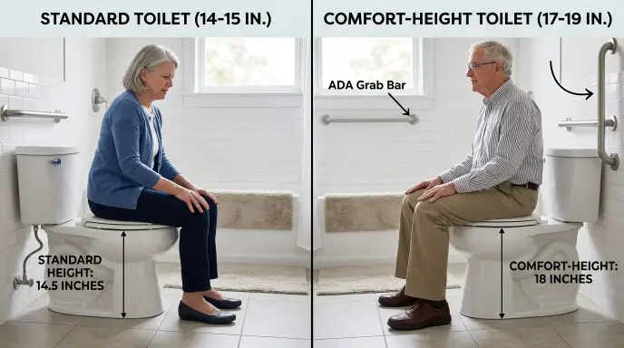 Side-by-side comparison of standard 14-15 inch toilet and comfort-height 17-19 inch toilet for seniors